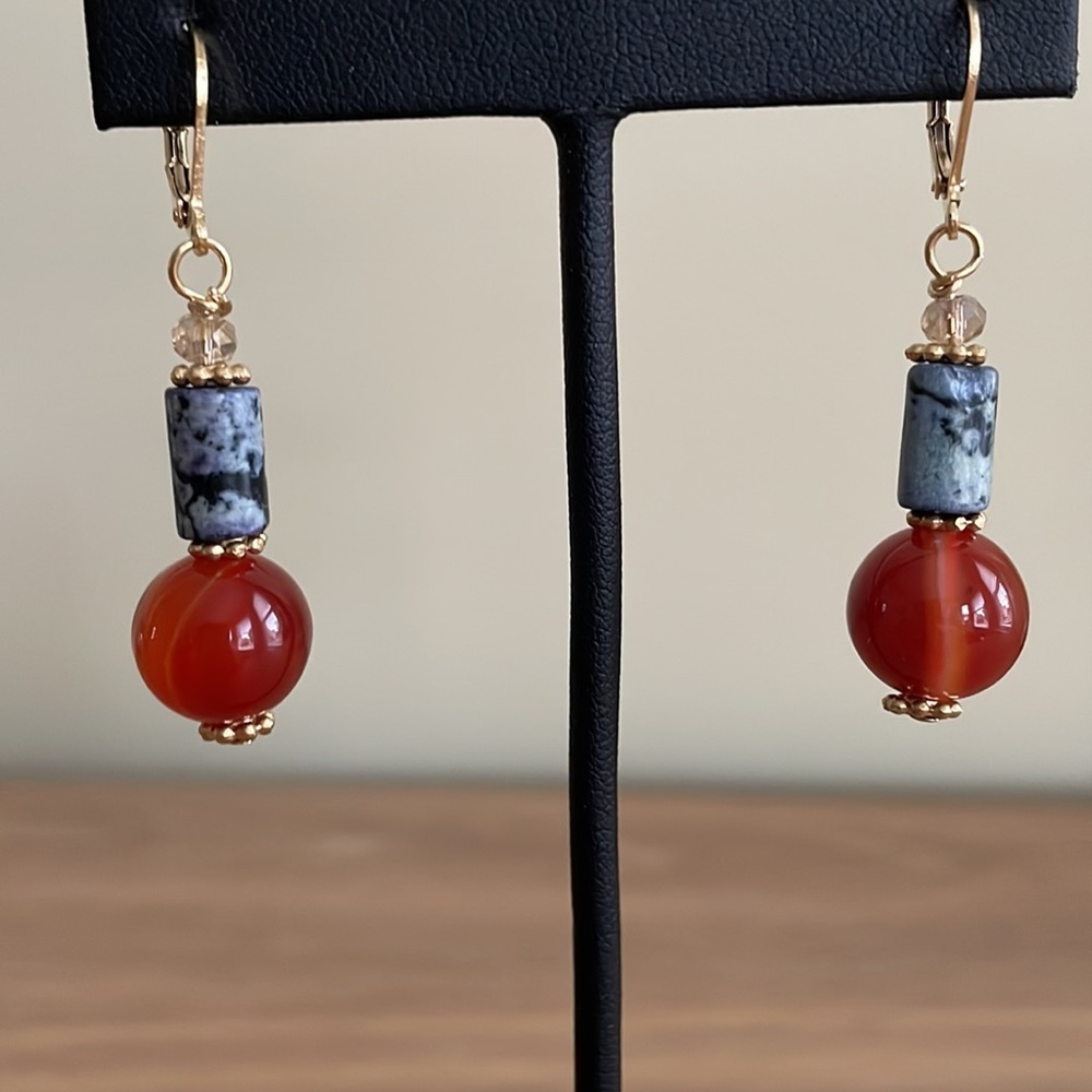 HAND CRAFTED EARRINGS Sodalite and Carnelian with Crystals - Picture 5 of 10
